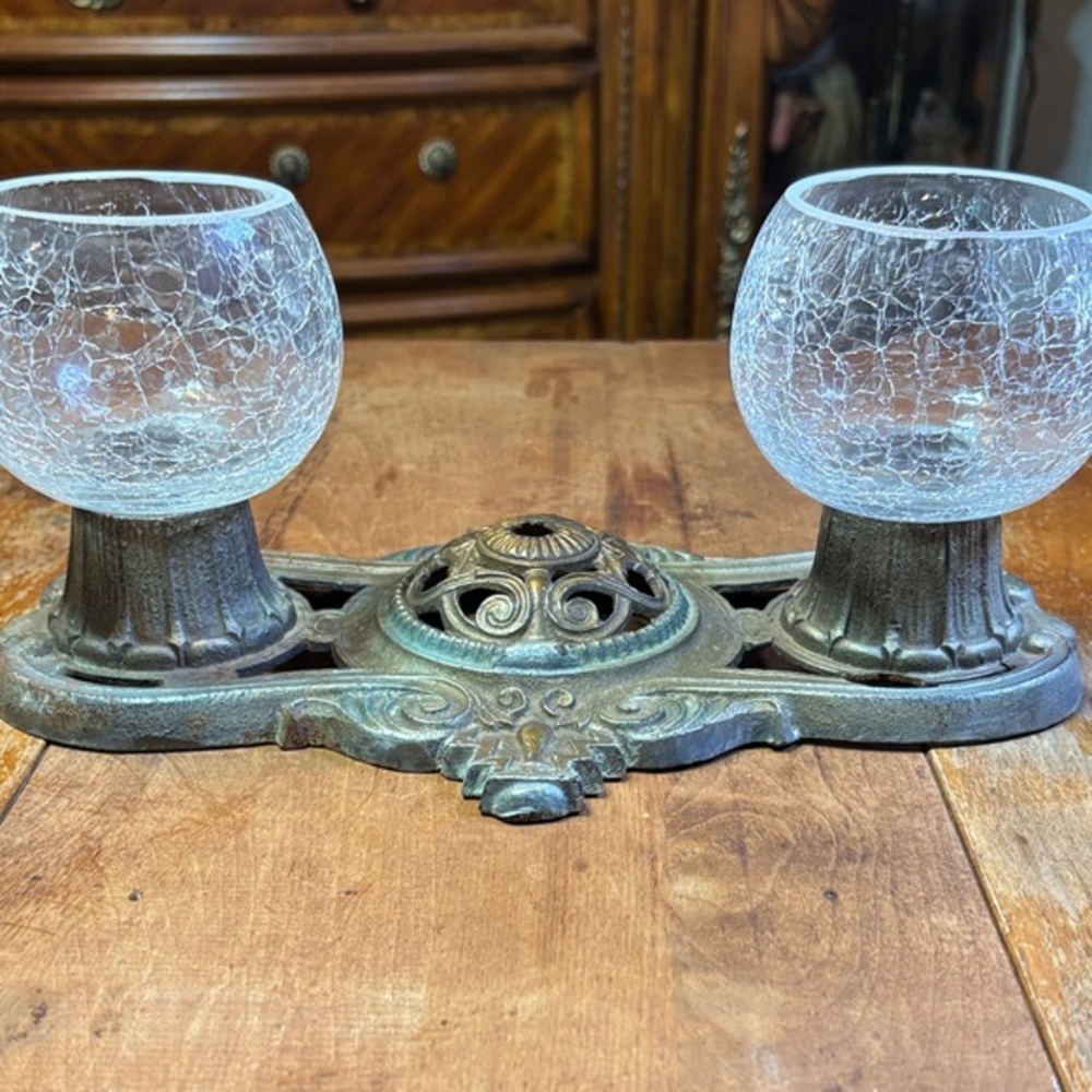 Vintage Crackle Glass Candle Holders on Ornate Heavy Base